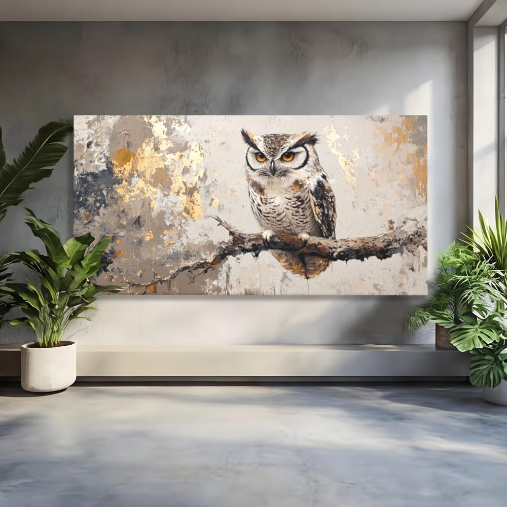 Tablou canvas cu tablou canvas cu bufnita pe ramura, fara rama, pe sasiu de lemn